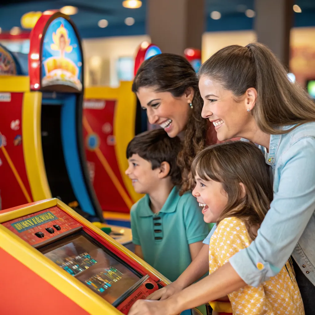 Family playing chicken arcade games