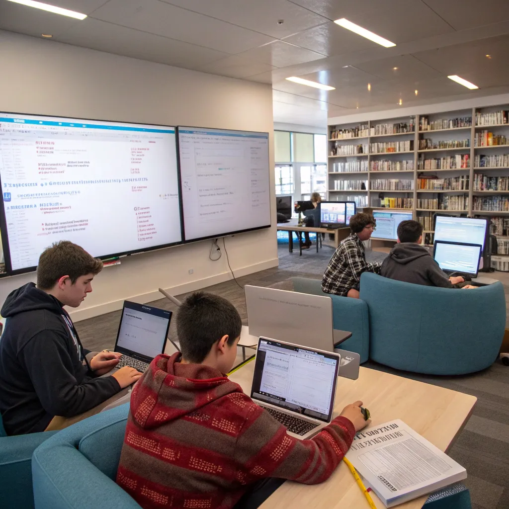 Students coding in a modern programming school